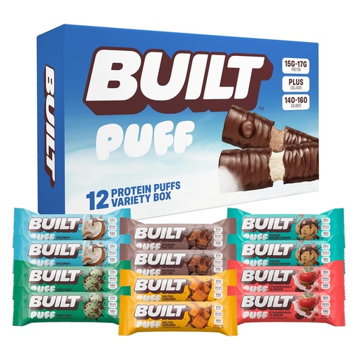 [BRSRMEI3O4AW2ETH] Bar, Puff Protein Bar, Variedad Pack, Collagen, Snacks On-the-go, Bar de desayuno, Sampler mixto, 12 Pack