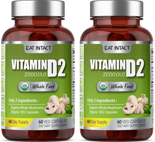 [BRSROCAEO4DRM23H] Organic Vegan Whole Food Vitamin D2 (2 Pack), 2000 IU (50 mcg), Two Ingredients (Organic Whole Mushroom Organic Vegan Capsule), Non-GMO, 120 Days Supply