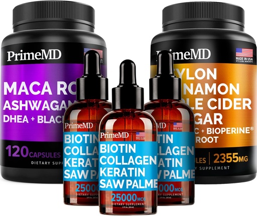 [BRSRMY34AEPAMGT5] 5-en-1 Ceylan Cinnamon (120ct), 4-en-1 Biotine Collagen Keratin Saw Palmetto (2 fl oz - 3 Pack) et 6-en-1 Maca Root Ashwagandha (120ct) Bundle - Énergie, humeur, cheveux, peau et crème de soutien