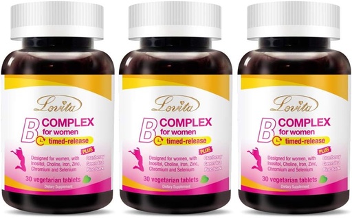 [BRSWYFANA4CAMDTP] Lovita High Potent Vitamin B Complex for Women, Timed Release, All B Vitamins with Iron, Vitamin C, Cranberry, Pine Bark, Green Tea for Energy, 30 Vegetarian Tablets (Pack of 3)