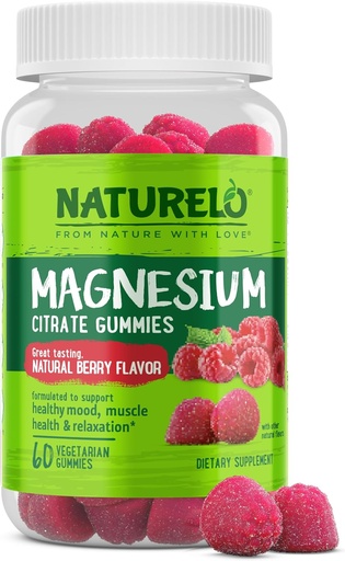 [BRSROHY3OYBAYEQU] NATURELO Magnesium Citrátové gumy - pro klidnou a relaxační podporu, Přírodní Berry Magnesium gumy, 60 Vegetariánské gumy