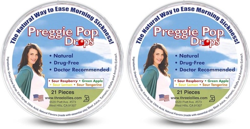 [BRSRAY35DJ5QODTB] Three Lollies Preggie Pop Drops - 21 Drops - Morning Sickness Relief During Pregnancy - Safe for Pregnant Mom & Baby - Gluten Free - Four Flavors: Lemon, Raspberry, Green Apple, Tangerine (Pack of 2)