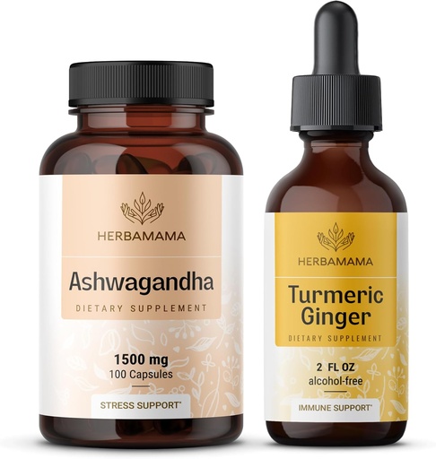 [BRSRAGIZOUCR63T3] HERBAMAMA Ashwagandha and Turmeric Ginger Kit - Bundle of 1500 mg Ashwagandha Root Capsules & Turmeric Ginger Tincture 2 fl oz - Vegan, Non-GMO, Sugar & Alcohol-Free - 2 Pack