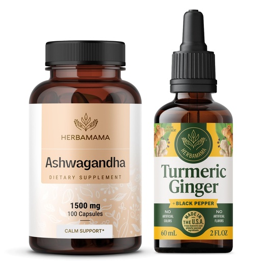 [BRSRAGIZOUCR63T3] HERBAMAMA Ashwagandha and Turmeric Ginger Kit - Bundle of 1500 mg Ashwagandha Root Capsules & Turmeric Ginger Tincture 2 fl oz - Vegan, Non-GMO, Sugar & Alcohol-Free - 2 Pack