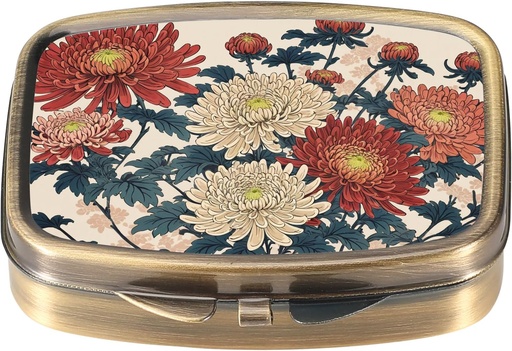 [BRSRA2Y7PIIRAF3O] Dynippy Pill Case Pill Box con Mirror Retro Pocket 2 Compartment Medicine Case Vitamin Pill Organizer per Pocket Purse and Travel (Retro- Traditional Chrysanthemums)