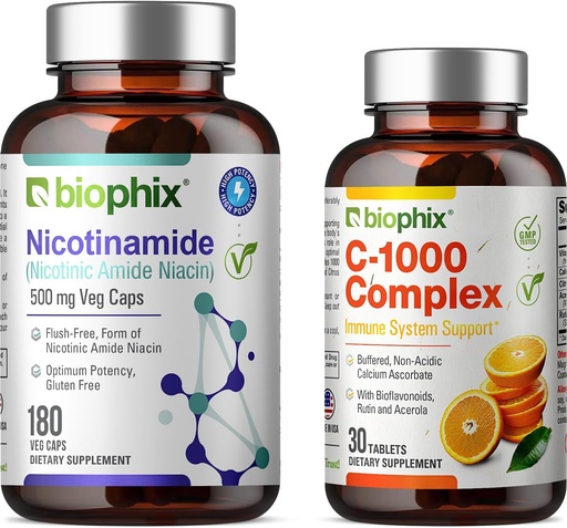 [BRSWGEI5CUJQOET4] biofixa B-3 Nicotinamida 500 mg 180 cápsulas - Vitamina C-1000 30 Tablets - Nicotinic Amide Niacin Natural Flush-Free Vitamin Formula - Apoia a saúde das células da pel