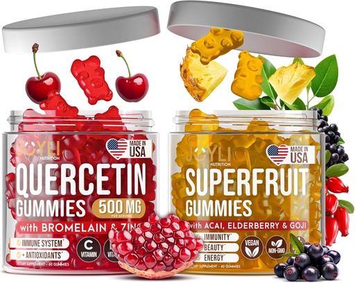 [BRSRAFD2OQHAI2T6] Joyli Quercetin & Superfruit Gumies Bundle - Immune & Antioxidáns Support - Vegan Multivitamin Formula Vitaminokkal A, C, D, E, Cink, Goji & Elderberry - 2 Pack felnőtteknek