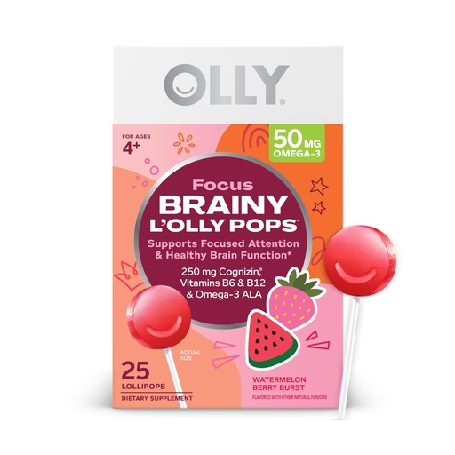 [BRSROBAKDIOQOC3P] OLLY Focus Buddies L’OLLY Pops, Cognizin, Vitamins B6 and B12, Omega-3 ALA, Supports Focused Attention and Healthy Brain Function,* Kids 4+ Dietary Supplement, Watermelon Strawberry Flavored, 25 Count
