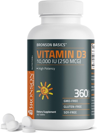 [BRSRMY32AF4GA3TL] Vitamina Bronson D3 10,000iu (250mcg) 1 año de suministro de funciones musculares saludables y soporte inmunológico, no GMO, 360 tabletas