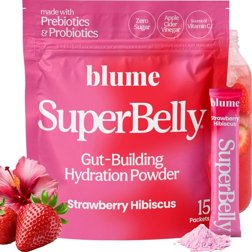 [BRSROAD4BZ4BGFYU] Blume SuperBelly Gut Health + Hydration, Daily Sugar Free Probiotics, Prebiotic Fiber, and Electrolytes Powder Packets for Digestion Support, Stacked Water - Strawberry Hibiscus, 15 Sticks