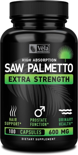 [BRSWYC3QAR5BEGY6] Vela Saw Palmetto Extra Strength High Absorption Supplement Capsules - No Bad Smell - 1 Capsule x Day - 600 mg