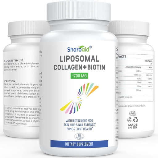 [BRSW2CA7AECRE33U] Liposomal Hydrolyzed Collagen Peptides 1700mg and Biotin 10000mcg Supplements for Women,Men,High Absorption,Vitamin E,C and Zinc Capsules for Skin,Hair Growth,Joint and Nails,60 Softgels