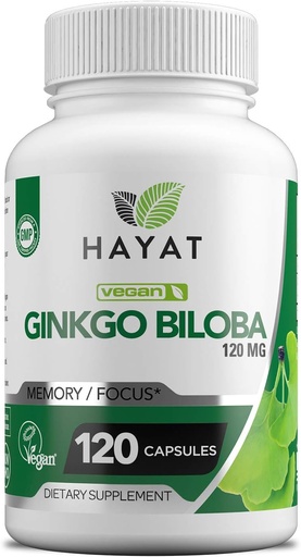 [BRSWYEAPAADRSH36] HAYATT vitamins Vegan Ginkgo Biloba - thêm sức mạnh 500 MG mỗi người phục vụ, Hỗ trợ sự hỗ trợ bộ não và bộ nhớ, dự án Halal, 120 Capsules, sản xuất ở Mỹ