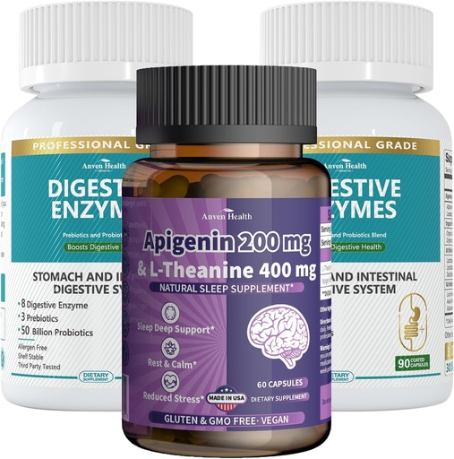 [BRSRABTYOANQYHIU] Apigenin con L-Theanine + Digestive Enzymes Wellness Bundle – Rilassamento naturale, Rilievo di stress e supporto digestivo
