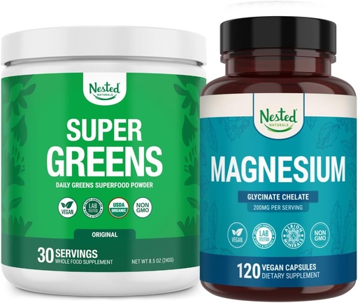 [BRSRAYLROAFROADP] Nested Naturals Super Greens Daily Greens Superfood Powder - Certified USDA Bio Green Powder (30 portions) Magnésium Glycinat Chelate (120 capsules)