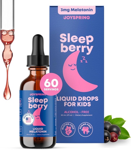 [BRSWGEIOAB7BUFA7] JoySpring Sleepberry Kids Melatonin 3 mg – Liquid Sleep Aid with L Theanine, High Absorption Berry Drops (2 fl oz) 60 Servings, Children's Melatonin with Vitamin D Kids Travel Essentials