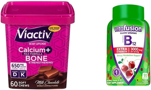 [BRSROBIPAAHBM3AU] Viactiv Calcium +Vitamin D3 Supplement Soft Chews, Milk Chocolate, 60 Chews & Vitafusion Extra Strength Vitamin B12 Gummy Vitamins for Energy Metabolism Support