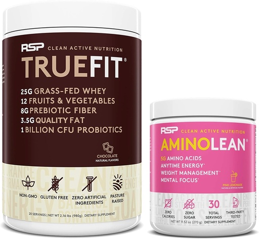 [BRSWYGQ2BYMWMDTO] RSP NUTRITION AminoLean Pre Workout Energy (Pink Lemonade 30 Servers) met TrueFit Proteïne Poeder (Chocolaat 2 LB)