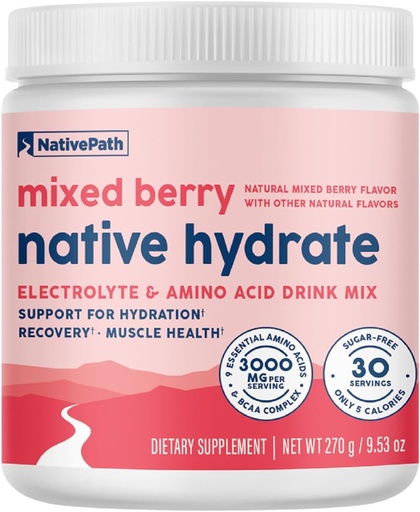 [BRSRAZDRPMNB6CY2] Hidrata NativaPath, Sugar Cero, Electrolitos Polvo con BCAAs, Hidratación de Berry mixta, Keto & Paleo Friendly, 30 Servimientos