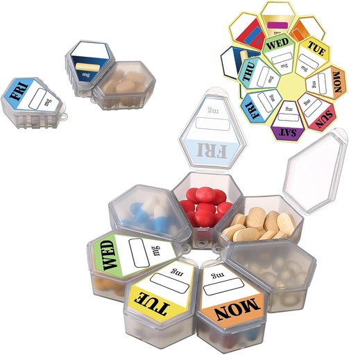 [BRSRAFIPDINR6YL7] 7-i-1 Travel Pill Organizer Sett - Samle i store cirkulære pille boks eller bruk separat - Inkluderer 7 små pille boks komponenter (1Pack Grå med 14 etikett klistremerker)