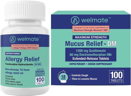 [BRSROBQFOIMRMHYV] WELMATE Total Respiratory Health Bundle: Allergy Relief Fexofenadine HCl 60mg (100 Ct) 12-Hour Non-Drowsy Antihistamine + Maximum Strength Mucus Relief DM 1200mg Guaifenesin & 60mg DXM (100 Ct)