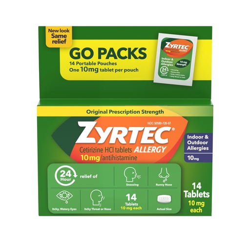 [BRSWIYQROIAWMFYZ] Zyrtec 24 Hour Allergy Relief Tablets, Antihistamine Indoor & Outdoor Anti Allergy Medicine + Cetirizine HCl, Relief from Runny Nose, Sneezing, & Itchy Eyes, Single Packs, 14 x 1 ct Packets