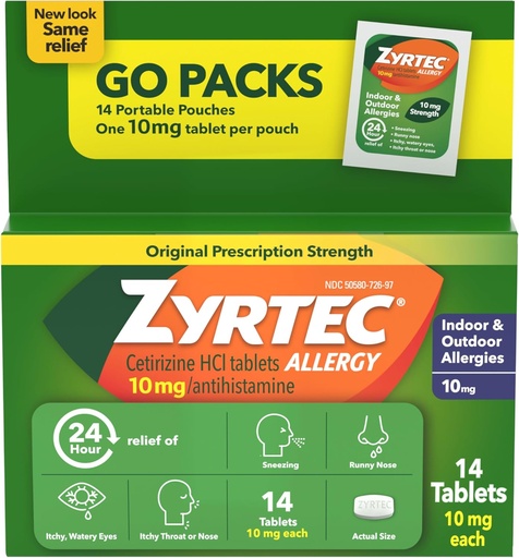 [BRSWIYQROIAWMFYZ] Zyrtec 24 Hour Allergy Relief Tablets, Antihistamine Indoor & Outdoor Anti Allergy Medicine + Cetirizine HCl, Relief from Runny Nose, Sneezing, & Itchy Eyes, Single Packs, 14 x 1ct Packets