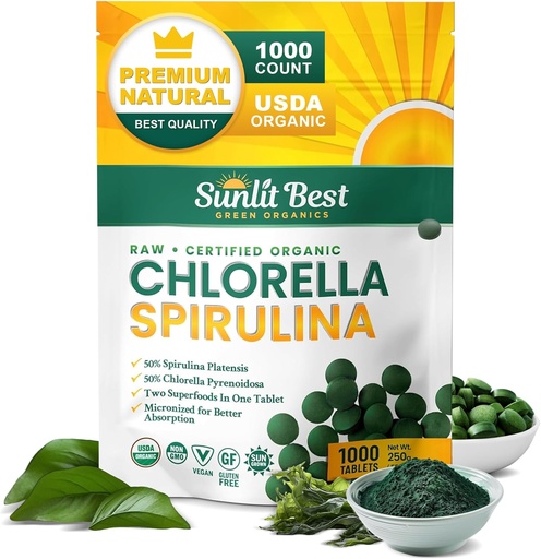 [BRSWIGAQCINRSDTY] Sunlight Best Chlorella Spirulina Tablets - Organic USDA, Premium Spirulina i Chlorella Tablets 1000 Count - Sun Chlorella Pure Natural Superfood z Algae, Enzymy Chlorofil & Vegan Protein