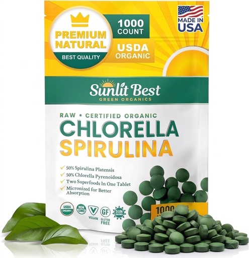 [BRSWIGAQCINRSDTY] Sunlit Best Chlorella Spirulina Tablets - Organic USDA, Premium Spirulina and Chlorella Tablets 1000 Count - Sun Chlorella Pure Natural Superfood with Algae, Enzymes Chlorophyll & Vegan Protein