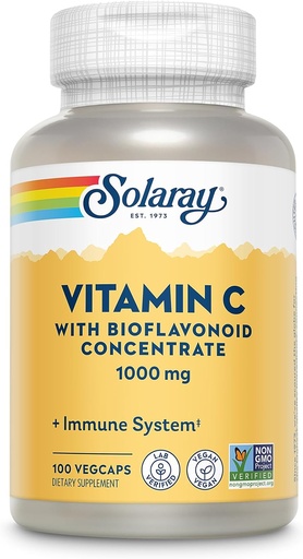 SOLARAY Vitamin C 1000mg with Bioflavonoids Concentrate - Vitamin C Capsules with Rose HIPS and Acerola Cherry - Antioxidant, Heart Health and Immune Support Supplement, Vegan, Non-GMO, 100 Servings