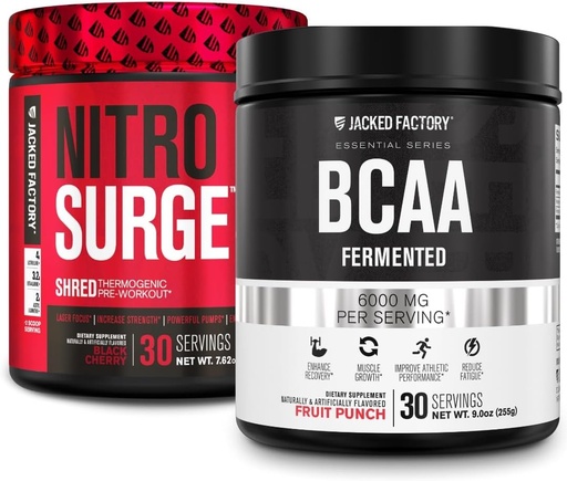[BRSRMAQQBYNBMCTV] Jacked Factory Nitrosurge Shred Thermogenic Pre-Workout in Black Cherry & BCAA in Fruit Punch for Body Recomposition, Muscle Building and Recovery