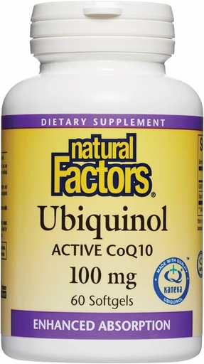 [BRSWIZYLBUHRGYLA] Factores naturales Ubiquinol 100 mg - Apoya la salud cardíaca " Vitalidad natural - Suplemento de apoyo antioxidante con absorción superior - Apoyo energético con aceite de linaza - 60 Softgels (60 Servings)