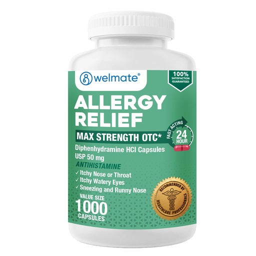 [BRSROFAOOUIG2DTG] WELMATE Allergy Relief - Diphenhydramine 50 mg - 1000 Count Capsules - Antihistamine - Allergy & Cold Symptoms - Sneezing, Runny Nose, Itchy Eyes & Throat