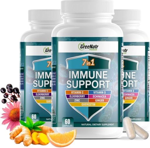 [BRSWYCT6BEMA2F3Z] GreeNatr Immune Support Supplement koos vitamiin C, D3, Tsink 50mg, Quercetin, Echinacea Purpurea, Sambucus Elderberry ja ingver täielikuks immuunkaitseks - 60 kapslit (3 pudelit)
