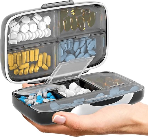 [BRSW2EIOBUFQKFY6] Travel Pill Organizer - Airtight Medicine Case for Traveling Portable Pharmacy Box with Labels Vitamin Container 8 Compartment Supplement Medication Holder Large Capacity Daily (Black)