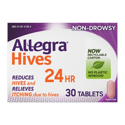 [BRSW2AI7C5YGMHT2] Allegra Hives Antihistamine 24-Hour Tablets, Non-Drowsy Hive Reduction and Hive Itch Relief, 180 mg Fexofenadine HCI, 30-Count