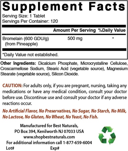 [BRSRMBT4OZ7QYYDP] Best Naturals Bromelain 500 mg & Quercetin 1000 mg