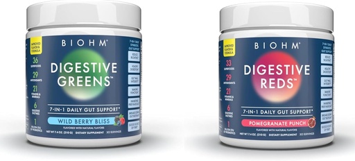 [BRSROHQQCEIRYFDZ] BIOHM Essential Bundle, Digestive Reds and Greens, Superfood Powder, Антиоксиданти, Витамини, Пробиотици, Храносмилателни здраве за мъже и жени, Храносмилателна добавка с Enzymes, 30 Сервиси