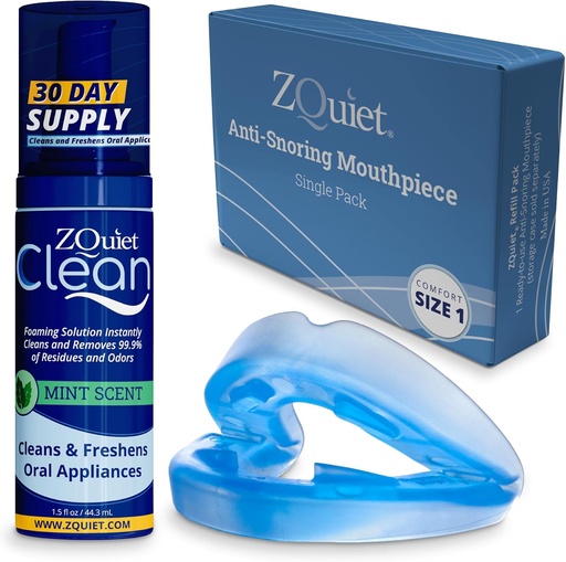 [BRSWGFANBUMQGYDX] ZQuiet Anti-Snoring Mouthpiece Solution - Comfort Size #1 (Single Device) + Cleaner (1.5oz Bottle) - Made in USA Snoring Solution for a Better Night’s Sleep (Blue)