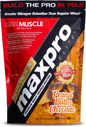 [BRSRMYL2AEFRE23L] Max Muscle Maxpro Elite Whey Protein Pulver | 30g Protein | 0g Zucker | 6.6g BCAAs | Micellar Casein Cold Filtered Whey Isolate Protein | Fördert Muskelwachstum & Erholung (PB Chocolate, 2lb)