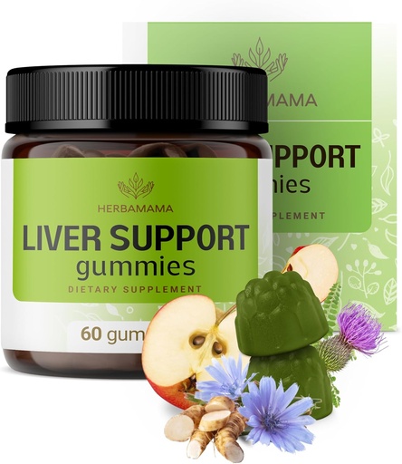[BRSRMEIZAEORS3T3] HERBAMAMA Liver Support Gummies - Complejo herbal para la desintoxicación y limpieza del hígado - Suplemento de soporte general vegano y no transgénico - 60 Pectin-Based Apple-Flavored Chews
