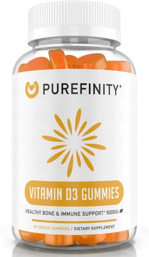 [BRSWYFITAUIRQ3TP] PUREFINITY 비타민 D3 5000 iu Gummies - 뼈 건강, 면역 건강 및 성인 및 어린이를위한 관절 근육 지원 - 글루텐 무료, 비 GMO - 60 Veggie Gummies