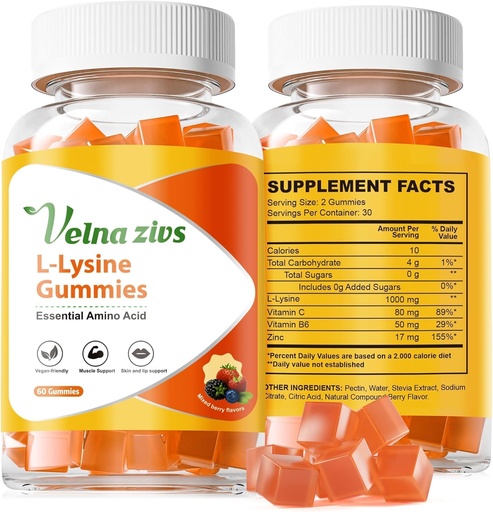 [BRSRAA36BMGREDI7] L-Lysine Gummies 1000mg, Chewable Lysine Suplementos para Adultos, Sugar Lisina Libre para el Tratamiento de la Sora Fría*, Apoyo Inmune con Vitamina, Esquí y Lips Health*, Vegan, No GMO, 60 Condes