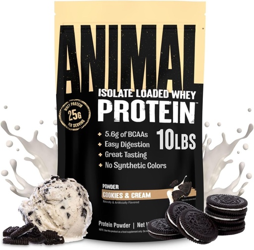 [BRSWK233BQBWMFA3] Animal Whey Isolate protein Toz - Pre & Post Workout Muscle Builder ve Recovery için Erkekler ve Kadınlar için Enzymes - 25g Protein, Büyük Tadı, Low Sugar - Cookies & Cream 10 lbs