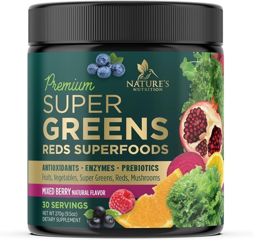 [BRSRMAYZPJ5WCYIY] Greens Superfood Powder Drink Mix - Green Supplements Blend for Energy & Gut Health - With Organic Wheat Grass, Spirulina, Chlorella, Digestive Enzymes Antioxidant & Fiber - Berry Flavor, 30 Servings