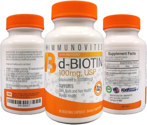[BRSWGC34CMFBYEI2] IMMUNOVITES 3Pack High Dose Biotin (d-Biotin, USP) 100mg (1000.000mcg-ren baliokidea) 90 kapsula, Potency Handia (3)
