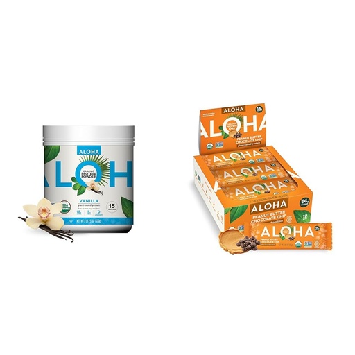 [BRSRAYYYO4CG2DY7] ALOHA Organic Plant-Based Protein Powder Vanilla 19.6oz, Protein Bars Peanut Butter Chocolate Chip 1.98oz Pack of 12 Bundle