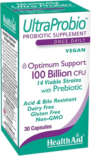 [BRSWIHIIAB4RUFT2] HealthAid UltraProbio, 100 Billion 30ct Once Daily Capsules, Optimum Support, 100 Billion with Prebiotic, Acid & Bile Resistant, Non-GMO