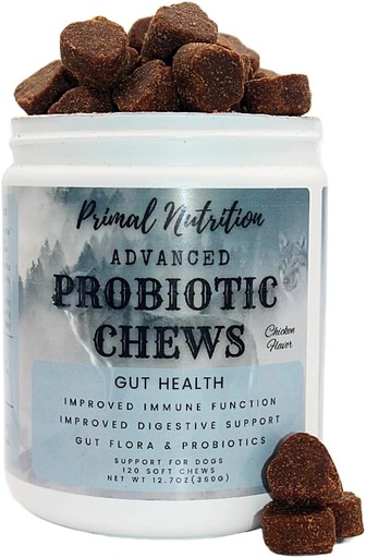 [BRSROYI5O54A4FI4] Primal Nutrition Probiotics for Dogs - Digestive Enzymes for Gut Flora, Digestive Health, Diarrhea & Bowel Support - Dog Supplement Soft Chew for Pet Immune System - Chicken