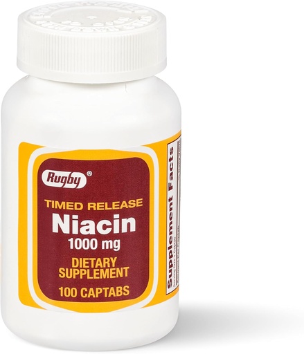 [BRSWIZQDAEAA4CY3] Rugby Timed-Release Niacin 1000mg Dietary Supplement for Adults for Energy, Circulation and Metabolism Support, 100 Captabs (Pack of 1)